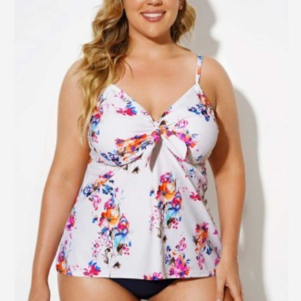 Meet Curve Cream Swim‎ Top (only) 4XL Floral Underwire Bow Tie Front Adjustable